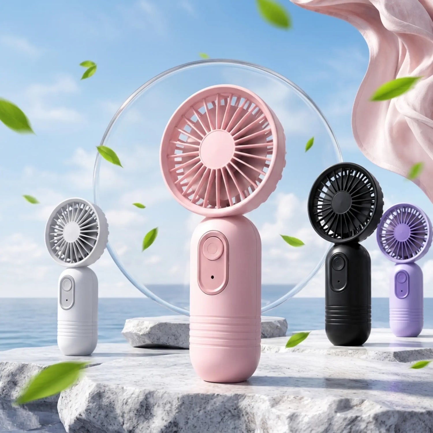 Mini ventilateur portable Ventilair 4 coloris rose blanc noir violet compact rechargeable USB-C exterieur