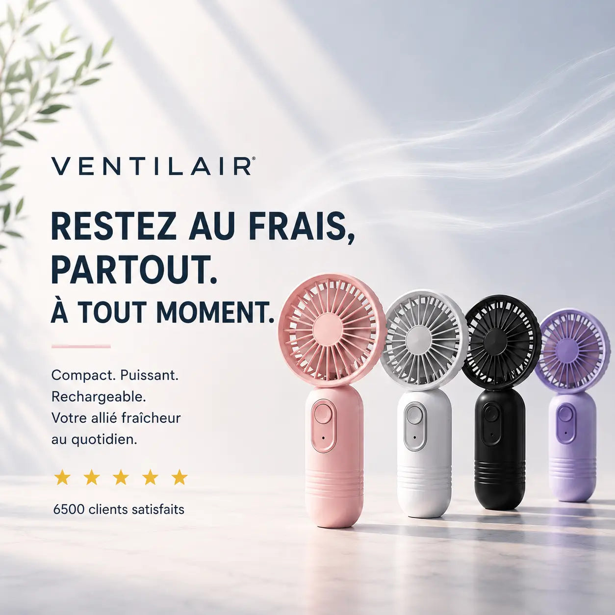 Mini ventilateur portable rechargeable compact puissant 4 coloris rose blanc noir violet Ventilair