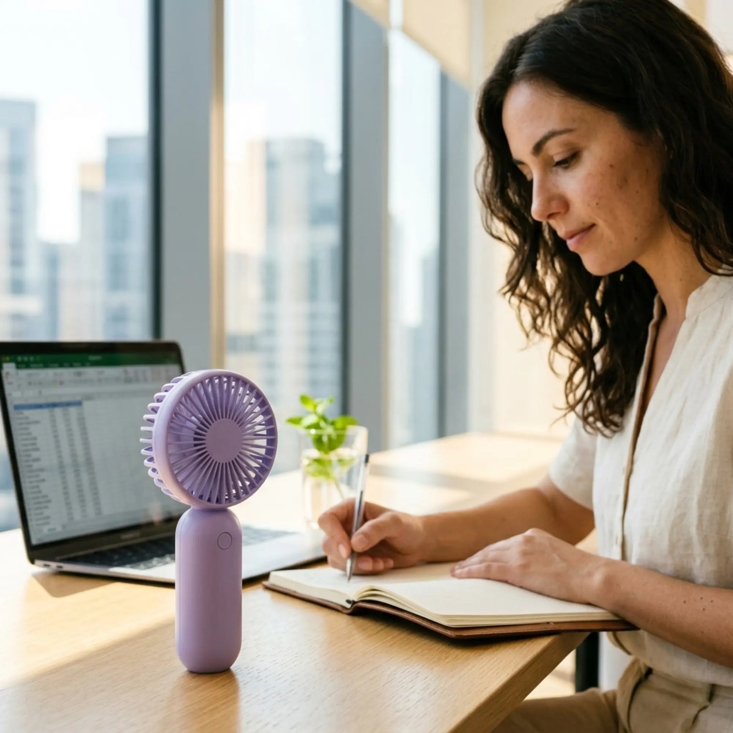 Femme au bureau avec mini ventilateur portable violet silencieux rechargeable USB-C Ventilair