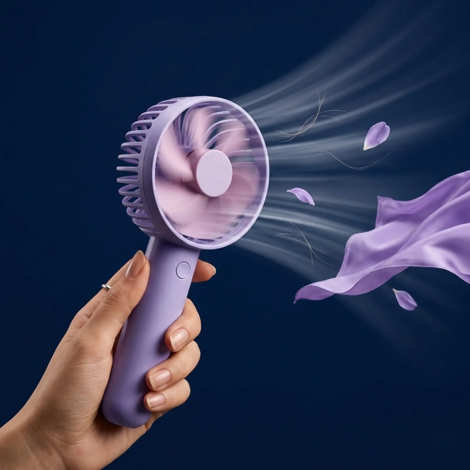 Main tenant mini ventilateur portable violet flux air puissant rechargeable USB-C Ventilair