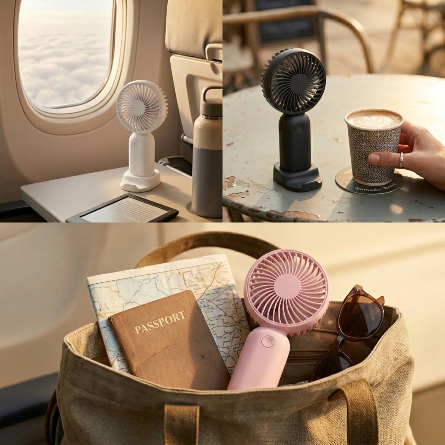 Mini ventilateur portable Ventilair utilisé en avion au cafe et en voyage sac rose noir blanc